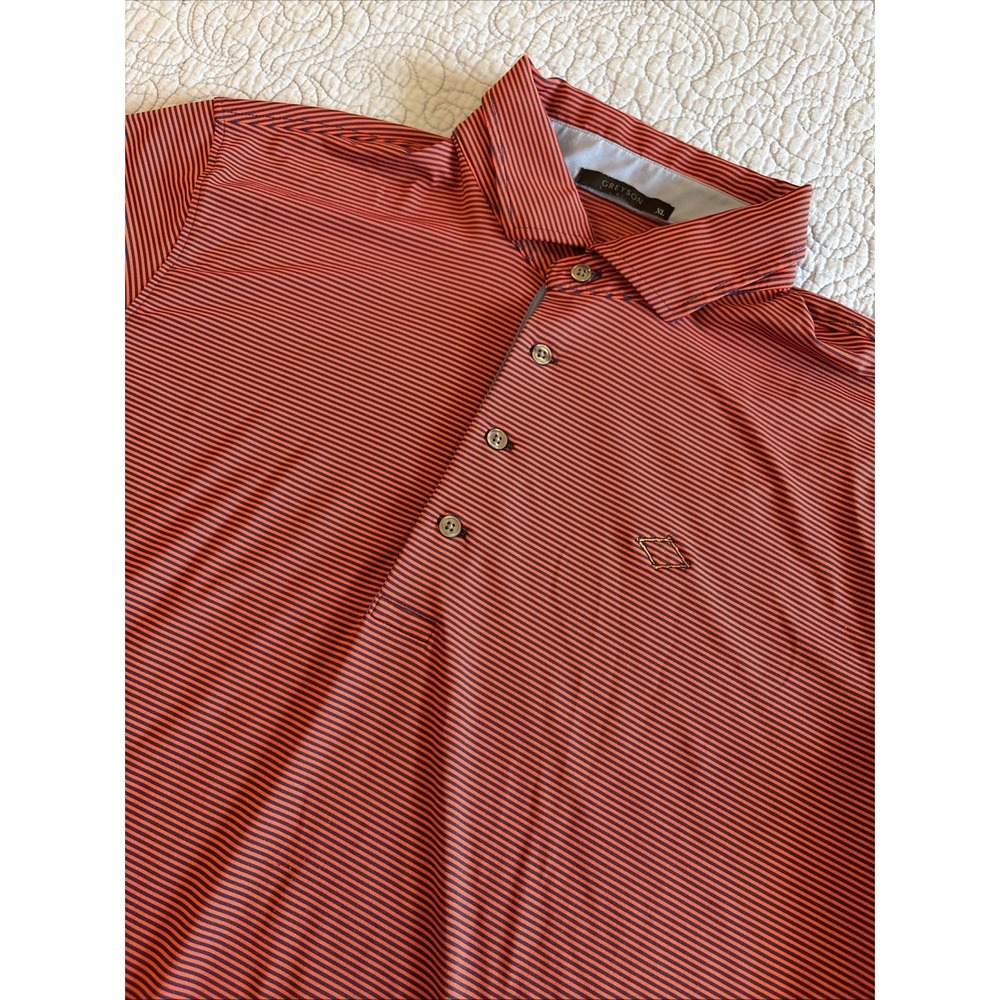Greyson Polo Shirt Mens XL Orange Blue Stripe Preppy‎ Wolf  Stretch Golf LOGO